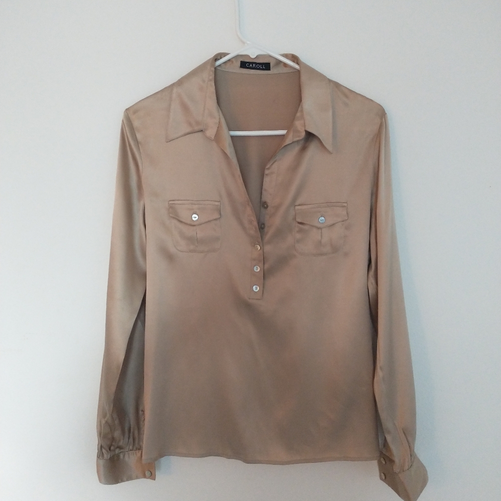100% Silk_Gold Tone Long Sleeve Blouse